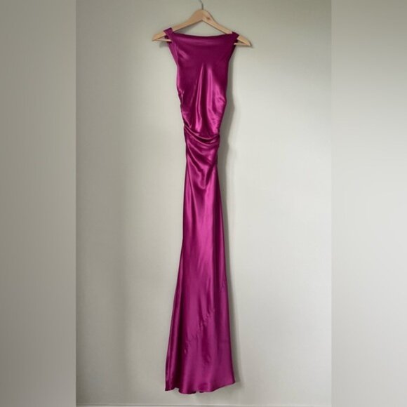 NEW Reformation Anaiis Long Silk Dress Hibiscus Tea Dark Pink Magenta | US 4 UK8 - Picture 4 of 16